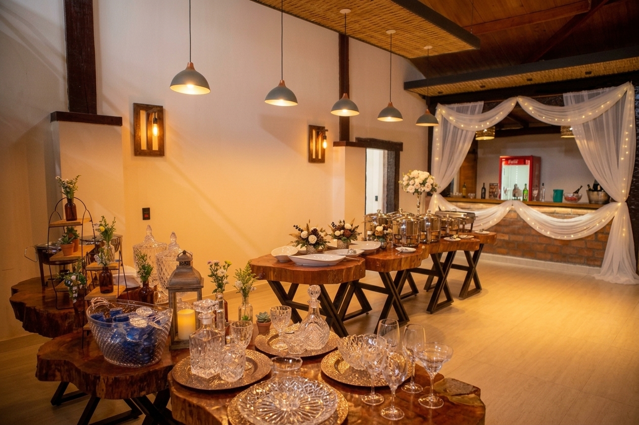 Área de buffet do Castelhano com mesas rústicas e cristais