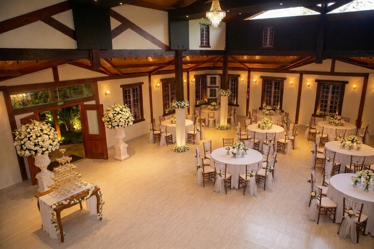 Salão do Castelhano decorado para casamento com mesas redondas e flores brancas